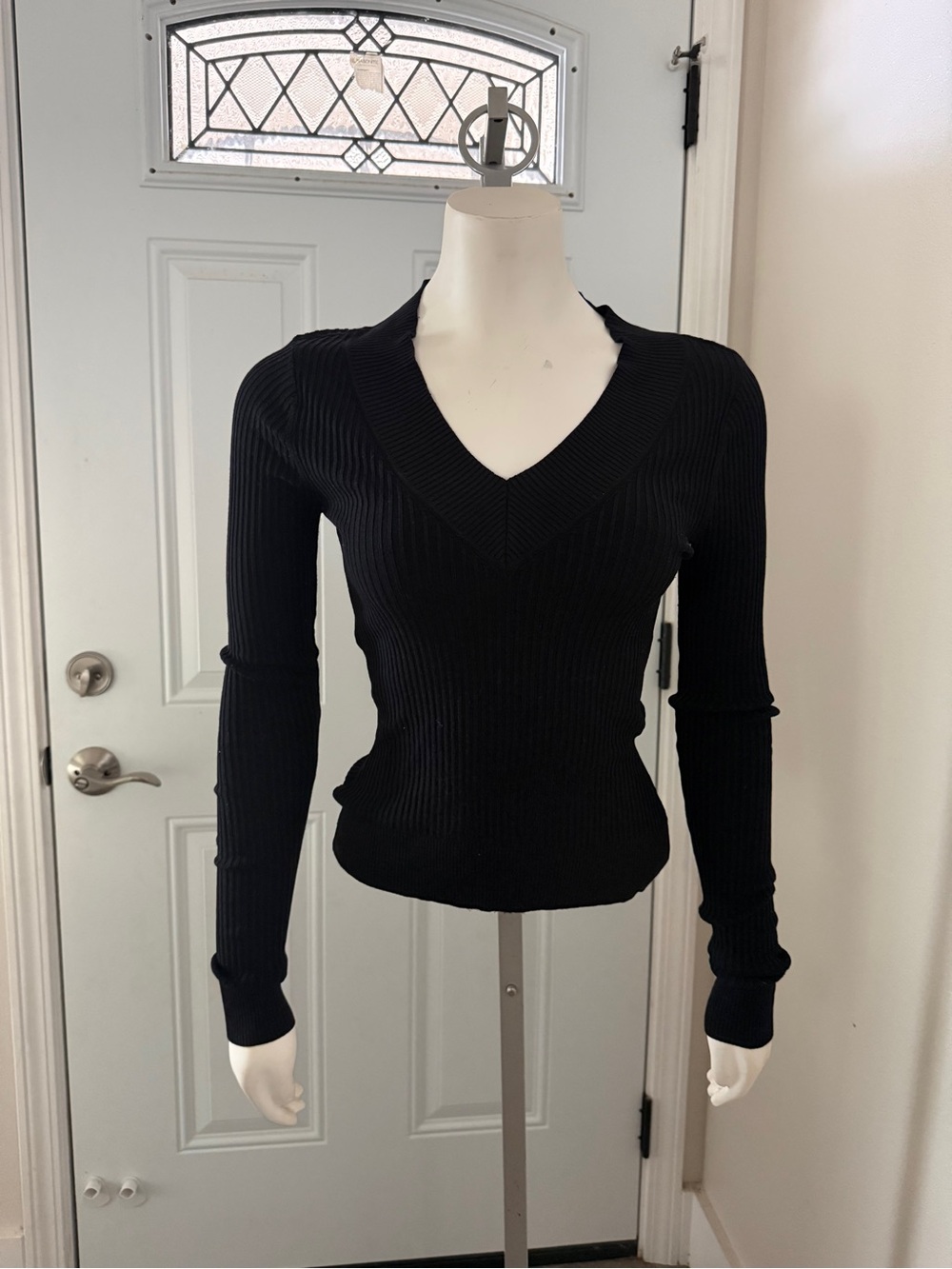 INC International Concepts Black Ribbed V-Neck Sweater